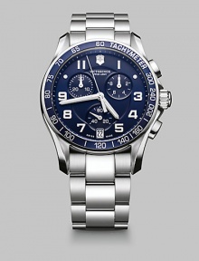 Sporty and sleek, in a classic chronograph style crafted with superior Swiss technique.Precision Swiss quartz analog movementWater resistant to 10 ATMStainless steel case; 41mm diameter (1.61)Tachymeter scaleChronograph dialsAnti-reflective sapphire crystalLuminous hands and numeralsDate display at 6:00Second handStainless steel bracelet; 21mm wideMade in Switzerland Sporty and sleek, in a classic chronograph style crafted with superior Swiss technique.Precision Swiss quartz analog movementWater resistant to 10 ATMStainless steel case; 41mm diameter (1.61)Tachymeter scaleChronograph dialsAnti-reflective sapphire crystalLuminous hands and numeralsDate display at 6:00Second handStainless steel bracelet; 21mm wideMade in Switzerland