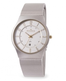 Clean and understated, this fine watch from Skagen Denmark features a silvertone mesh band and numerical indices. Stainless steel round case and round white dial with logo and goldtone numbers. Quartz movement. Water resistant to 30 meters. Lifetime limited warranty. Clean and understated, this fine watch from Skagen Denmark features a silvertone mesh band and numerical indices. Stainless steel round case and round white dial with logo and goldtone numbers. Quartz movement. Water resistant to 30 meters. Lifetime limited warranty.