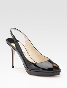 From the Jimmy Choo 24/7 collection. High shine, high style, a modern classic in sleek patent leather. Self-covered heel, 4 (100mm) Covered platform, ¾ (20mm) Compares to a 3¼ heel (80mm) Peep toe Adjustable strap Leather lining and sole Made in ItalyOUR FIT MODEL RECOMMENDS ordering true size.. 