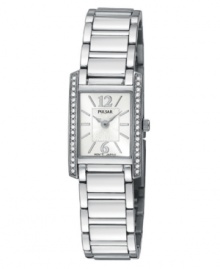 A stunning watch with a little shimmer on the side, by Pulsar. Stainless steel bracelet and round case. Bezel crystallized by Swarovski elements. Silvertone dial with silvertone stick indices, logo and numerals at six o'clock and twelve o'clock. Quartz analog movement. Water resistant to 30 meters. Three-year limited warranty. A stunning watch with a little shimmer on the side, by Pulsar. Stainless steel bracelet and round case. Bezel crystallized by Swarovski elements. Silvertone dial with silvertone stick indices, logo and numerals at six o'clock and twelve o'clock. Quartz analog movement. Water resistant to 30 meters. Three-year limited warranty.