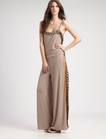Characterized by voluminous pant legs, this hippie-chic look features a low back, drawstring drop waist and leopard-print trim. Foldover necklineAdjustable spaghetti strapsDrawstring dropped waistLow-cut backInseam, about 3357% acetate/37% polyester/6% elastaneDry cleanMade in Italy of imported fabricModel shown is 5'11 (180cm) wearing US size small. Characterized by voluminous pant legs, this hippie-chic look features a low back, drawstring drop waist and leopard-print trim. Foldover necklineAdjustable spaghetti strapsDrawstring dropped waistLow-cut backInseam, about 3357% acetate/37% polyester/6% elastaneDry cleanMade in Italy of imported fabricModel shown is 5'11 (180cm) wearing US size small.
