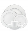 Fine dining will flourish with the Artemis place setting from Lenox. A raised floral pattern and wide bands of sumptuous platinum in white bone china embody classic elegance.