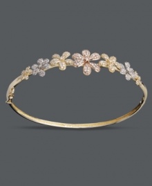 An aesthetically-pleasing accessory. Accentuate any look with the versatility of 14k rose gold, 14k gold, and 14k white gold! Clever floral shapes adorn this chic bangle, while round-cut diamonds (3/4 ct. t.w.) add just the right amount of sparkle. Approximate diameter: 2-1/2 inches. An aesthetically-pleasing accessory. Accentuate any look with the versatility of 14k rose gold, 14k gold, and 14k white gold! Clever floral shapes adorn this chic bangle, while round-cut diamonds (3/4 ct. t.w.) add just the right amount of sparkle. Approximate diameter: 2-1/2 inches.