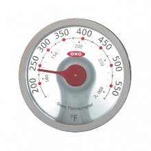 A frosted glass back panel allows the light in the back of your oven to shine through the Thermometer, illuminating the large numbers and making them easy to read. The easy-to-use clip lets you hang the Thermometer from any oven rack or stand it on top of the rack. In either position, the clip fits securely on the oven rack to prevent the Thermometer from falling when food is moved in or out of the oven. Calibrated for accuracy, OXO International's Oven Thermometer features Fahrenheit and Celsius temperature scales for increased convenience. A frosted glass back panel allows the light in the back of your oven to shine through the Thermometer, illuminating the large numbers and making them easy to read. The easy-to-use clip lets you hang the Thermometer from any oven rack or stand it on top of the rack. In either position, the clip fits securely on the oven rack to prevent the Thermometer from falling when food is moved in or out of the oven. Calibrated for accuracy, OXO International's Oven Thermometer features Fahrenheit and Celsius temperature scales for increased convenience.