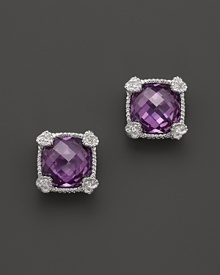 Purple crystal earrings framed in sterling silver and detailed with four white sapphire detailed hearts. Designed by Judith Ripka. Purple crystal earrings framed in sterling silver and detailed with four white sapphire detailed hearts. Designed by Judith Ripka.