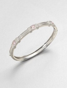 Three cushion-cut pink crystal stones set in textured sterling silver. Pink crystalSterling silverDiameter, about 2.3Hinged, push clasp closureImported Three cushion-cut pink crystal stones set in textured sterling silver. Pink crystalSterling silverDiameter, about 2.3Hinged, push clasp closureImported