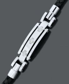 A sophisticated mix. Round-cut diamonds (1/6 ct. t.w.) add shine to a stainless steel ID tag on this braided black leather men's bracelet. Approximate length: 8-1/2 inches. A sophisticated mix. Round-cut diamonds (1/6 ct. t.w.) add shine to a stainless steel ID tag on this braided black leather men's bracelet. Approximate length: 8-1/2 inches.
