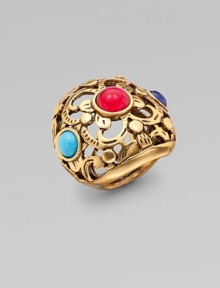 This colorful piece features resin cabochons and rhinestone details set on a pretty filigree design. Resin stonesGlass stonesBrass and pewterWidth, about 1¼Size adjustable from 7 to 8½Made in USA This colorful piece features resin cabochons and rhinestone details set on a pretty filigree design. Resin stonesGlass stonesBrass and pewterWidth, about 1¼Size adjustable from 7 to 8½Made in USA