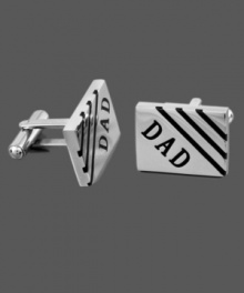The perfect way to show him you care. These personalized cuff links feature the word DAD written on the surface in black rhodium. Crafted in stainless steel. Approximate size: 3/4 inch x 5/8 inch. The perfect way to show him you care. These personalized cuff links feature the word DAD written on the surface in black rhodium. Crafted in stainless steel. Approximate size: 3/4 inch x 5/8 inch.