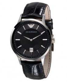 A handsome watch with attractive dark hues, by Emporio Armani. Black croc-embossed patent leather strap and round stainless steel case. Black dial with silvertone stick indices, logo and date window. Quartz movement. Water resistant to 50 meters. Two-year limited warranty. A handsome watch with attractive dark hues, by Emporio Armani. Black croc-embossed patent leather strap and round stainless steel case. Black dial with silvertone stick indices, logo and date window. Quartz movement. Water resistant to 50 meters. Two-year limited warranty.