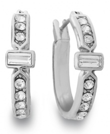 Break out some shimmer! These hoop earrings from Charter Club shine with round-cut and baguette-cut glass accents. Crafted in imitation rhodium tone mixed metal. Approximate diameter: 4/5 inch. Break out some shimmer! These hoop earrings from Charter Club shine with round-cut and baguette-cut glass accents. Crafted in imitation rhodium tone mixed metal. Approximate diameter: 4/5 inch.