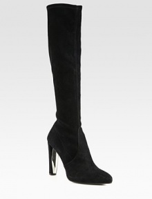 Stretch suede in a knee-high silhouette with a partially lacquered heel and rubber sole for traction. Self-covered and lacquered heel, 4 (100mm)Covered platform, ½ (15mm)Compares to a 3½ heel (90mm)Shaft, 18Leg circumference, 13Stretch suede upperLeather liningRubber solePadded insoleImportedOUR FIT MODEL RECOMMENDS ordering one half size up as this style runs small. Stretch suede in a knee-high silhouette with a partially lacquered heel and rubber sole for traction. Self-covered and lacquered heel, 4 (100mm)Covered platform, ½ (15mm)Compares to a 3½ heel (90mm)Shaft, 18Leg circumference, 13Stretch suede upperLeather liningRubber solePadded insoleImportedOUR FIT MODEL RECOMMENDS ordering one half size up as this style runs small.