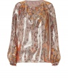 This ultra-chic tunic top from Emilio Pucci inject any look with 1970s-inpired luxe style - Round neck with tie detail, long puff sleeves, front yoke with gathering at bust, relaxed silhouette, all-over floral and paisley print - Pair with cropped trousers, peep-toe pumps, and an embellished clutch