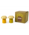 Travel back in time when you sit down at your table. Shrooms salt and pepper shakers by Jonathan Adler are a blast from the hippie past, striped in groovy yellow and green.