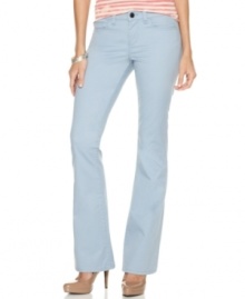 A retro silhouette is given new life with a fresh pastel wash in this Calvin Klein Jeans look. The curve-hugging flared fit instantly elongates your legs, too! A retro silhouette is given new life with a fresh pastel wash in this Calvin Klein Jeans look. The curve-hugging flared fit instantly elongates your legs, too!