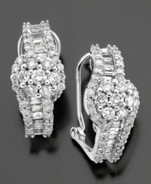 Bursting with beauty, these sparkling cluster earrings feature round and baguette-cut diamonds (2 ct. t.w.) set in 14k white gold. Approximate drop: 3/4 inch. Bursting with beauty, these sparkling cluster earrings feature round and baguette-cut diamonds (2 ct. t.w.) set in 14k white gold. Approximate drop: 3/4 inch.