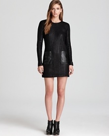 A metallic 10 Crosby Derek Lam sweater dress with faux leather trim at the neckline is a modern take on the classic knit style, ribbed for a body-con fit and featuring large front patch pockets so style essentials are always close at hand. A metallic 10 Crosby Derek Lam sweater dress with faux leather trim at the neckline is a modern take on the classic knit style, ribbed for a body-con fit and featuring large front patch pockets so style essentials are always close at hand.