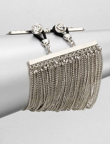 This chic piece features a mix of delicate chains in a wide, statement design accented with stone embellished closures. Glass stonesSilvertoneLength, about 7.75Button closureImported This chic piece features a mix of delicate chains in a wide, statement design accented with stone embellished closures. Glass stonesSilvertoneLength, about 7.75Button closureImported
