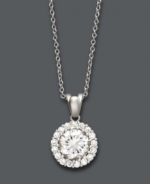 Encircle yourself in statement-making sparkle. B. Brilliant pendant features a round-cut cubic zirconia (2-1/2 ct. t.w.) surrounded by a halo of cubic zirconia accents. Setting and chain crafted in sterling silver. Approximate length: 18 inches. Approximate drop: 5/8 inch.