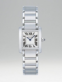 Stainless steel crown set with synthetic cabachon-shaped spinal has silver grained dial and stainless steel bracelet. Black steel hands Case, 25mm X 20mm, 0.98 X 0.79 Case depth, 6.5mm, 0.25 Roman numerals, markers Cartier caliber 057 quartz movement Water-resistant to 100 feet Strap width, 15mm, 0.59 Made in Switzerland Stainless steel crown set with synthetic cabachon-shaped spinal has silver grained dial and stainless steel bracelet. Black steel hands Case, 25mm X 20mm, 0.98 X 0.79 Case depth, 6.5mm, 0.25 Roman numerals, markers Cartier caliber 057 quartz movement Water-resistant to 100 feet Strap width, 15mm, 0.59 Made in Switzerland
