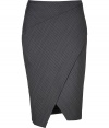 An exquisite choice for business to cocktails looks, Donna Karans stretch wool pencil skirt cuts a flattering feminine figure no matter how you wear it - Wrapped front with slit, elasticized waistline, contoured seaming, pulls on - Form-fitting - Team with feminine tops and standout statement accessories