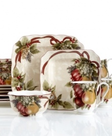 Welcome a festive season with the Yuletide Celebrations dinnerware set from 222 Fifth. Holiday botanicals and a frilly scalloped edge in fuss-free, dishwasher-safe porcelain make it a favorite for Christmastime dining. Welcome a festive season with the Yuletide Celebrations dinnerware set from 222 Fifth. Holiday botanicals and a frilly scalloped edge in fuss-free, dishwasher-safe porcelain make it a favorite for Christmastime dining.