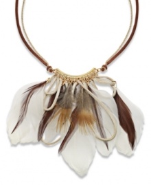 Fluff your feathers. Ali Khan's bohemian style combines natural and brown-colored suede loops and breezy feathers for a head-turning look. Set in gold tone mixed metal. Approximate length: 18 inches + 3-inch extender. Approximate drop: 1 to 4 inches. Fluff your feathers. Ali Khan's bohemian style combines natural and brown-colored suede loops and breezy feathers for a head-turning look. Set in gold tone mixed metal. Approximate length: 18 inches + 3-inch extender. Approximate drop: 1 to 4 inches.