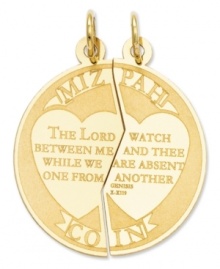 Share your faith with friends. This symbolic charm features the script: Mizpah Coin. The Lord Watch Between Me And Thee While We Are Absent One From Another. Crafted in 14k gold. Chain not included. Approximate length: 1-1/10 inches. Approximate width: 9/10 inch. Share your faith with friends. This symbolic charm features the script: Mizpah Coin. The Lord Watch Between Me And Thee While We Are Absent One From Another. Crafted in 14k gold. Chain not included. Approximate length: 1-1/10 inches. Approximate width: 9/10 inch.