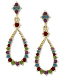 Drops of loveliness. 2028's colorful drop earrings feature a sweet teardrop design, complemented with multicolored czech stones. Set in gold tone mixed metal. Approximate drop length: 2-1/2 inches. Approximate drop diameter: 1/2 inch. Drops of loveliness. 2028's colorful drop earrings feature a sweet teardrop design, complemented with multicolored czech stones. Set in gold tone mixed metal. Approximate drop length: 2-1/2 inches. Approximate drop diameter: 1/2 inch.