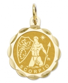 Tell everyone your sign in style! This scalloped and polished disc charm features the Scorpio Zodiac in 14k gold. Chain not included. Approximate length: 9/10 inch. Approximate width: 3/5 inch. Tell everyone your sign in style! This scalloped and polished disc charm features the Scorpio Zodiac in 14k gold. Chain not included. Approximate length: 9/10 inch. Approximate width: 3/5 inch.