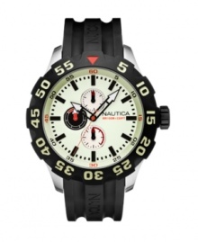Hit the ground running. You're ready to go with this watch by Nautica. Black resin strap and round stainless steel case with black-plated turning bezel. White dial features black stick indices, minute track, three multifunctional subdials, Hit the ground running. You're ready to go with this watch by Nautica. Black resin strap and round stainless steel case with black-plated turning bezel. White dial features black stick indices, minute track, three multifunctional subdials,