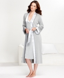 Understated style that's completely comfortable. Jones New York's French Terry gown features a satin tie and satin detail at the placket, cuffs and pockets. Understated style that's completely comfortable. Jones New York's French Terry gown features a satin tie and satin detail at the placket, cuffs and pockets.