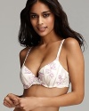 An ultra soft floral print bra with lace accents at front and along wings.
