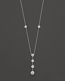 White gold bezel-set diamond necklace with four-stone drop pendant. With signature ruby accent. Designed by Roberto Coin. White gold bezel-set diamond necklace with four-stone drop pendant. With signature ruby accent. Designed by Roberto Coin.