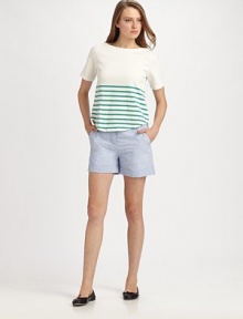 This nautical-inspired style is banded with crisp, colorful stripes.BoatneckShort sleevesRounded hemline87% cotton/13% acrylicDry cleanMade in USA of imported fabricModel shown is 5'10 (177cm) wearing US size 4. This nautical-inspired style is banded with crisp, colorful stripes.BoatneckShort sleevesRounded hemline87% cotton/13% acrylicDry cleanMade in USA of imported fabricModel shown is 5'10 (177cm) wearing US size 4.