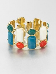 A colorful style featuring faceted stones in various shapes and sizes in a linked design. Resin stones12k goldplated brassLength, about 7.75Hinged snap closureImported A colorful style featuring faceted stones in various shapes and sizes in a linked design. Resin stones12k goldplated brassLength, about 7.75Hinged snap closureImported