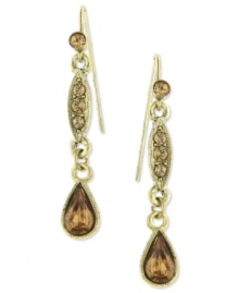 Drops of smoky warmth from 2028. These linear earrings feature faceted teardrops with topaz glass stones. Crafted in gold tone mixed metal. Approximate length: 2 inches. Drops of smoky warmth from 2028. These linear earrings feature faceted teardrops with topaz glass stones. Crafted in gold tone mixed metal. Approximate length: 2 inches.