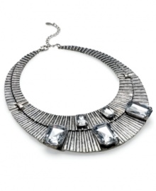 Stop people in their tracks with Ali Khan's ultra-chic collar necklace. With crystal clear lucite stones on a crescent moon silhouette, you'll be the focus of attention. Crafted in antiqued silver tone mixed metal. Approximate length: 10-1/2 inches + 3-inch extender. Approximate drop: 1-7/8 inches. Approximate diameter: 5-1/4 inches. Stop people in their tracks with Ali Khan's ultra-chic collar necklace. With crystal clear lucite stones on a crescent moon silhouette, you'll be the focus of attention. Crafted in antiqued silver tone mixed metal. Approximate length: 10-1/2 inches + 3-inch extender. Approximate drop: 1-7/8 inches. Approximate diameter: 5-1/4 inches.