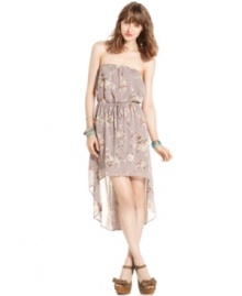 Tea party style abounds on this strapless dress from American Rag thanks to a dreamy high-low hem and ladylike floral-print. Tea party style abounds on this strapless dress from American Rag thanks to a dreamy high-low hem and ladylike floral-print.