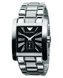 A dashing statement of time, by Emporio Armani. This watch features a stainless steel bracelet and oversized square case. Black dial with silvertone roman numerals, logo and subdial. Quartz movement. Water resistant to 30 meters. Two-year limited warranty.