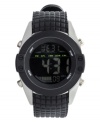 Records are made to be broken. Get to work with this digital watch by Unlisted. Black grid-patterned rubber strap and round silver tone mixed metal case. Black negative display digital dial features time, day, date and functions in neon green. Quartz movement. Splash resistant. Two-year limited warranty.