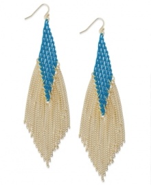 Be bold in blue. INC International Concepts' chic drop earrings dust your shoulders with a multi-chain design in teal tone and gold plating. Set in 14k gold-plated mixed metal. Approximate drop: 5 inches. Be bold in blue. INC International Concepts' chic drop earrings dust your shoulders with a multi-chain design in teal tone and gold plating. Set in 14k gold-plated mixed metal. Approximate drop: 5 inches.