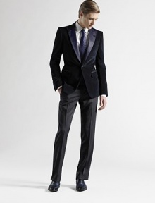 An elegantly-tailored formal look is designed with slim legs and tonal stain trim at the waist and down the leg. Zip fly Side slash pockets Back welt pockets Rayon Dry clean Made in Italy An elegantly-tailored formal look is designed with slim legs and tonal stain trim at the waist and down the leg. Zip fly Side slash pockets Back welt pockets Rayon Dry clean Made in Italy
