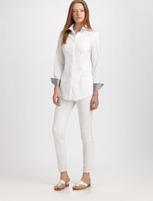 Crisp woven cotton tailored in a classic silhouette, embellished with satiny silk-lined cuffs.Shirt collarConcealed button frontLong sleeves with silk-lined cuffsCurved hemlineAbout 29 from shoulder to hem72% cotton/23% nylon/5% elastaneDry cleanMade in Italy of imported fabric Crisp woven cotton tailored in a classic silhouette, embellished with satiny silk-lined cuffs.Shirt collarConcealed button frontLong sleeves with silk-lined cuffsCurved hemlineAbout 29 from shoulder to hem72% cotton/23% nylon/5% elastaneDry cleanMade in Italy of imported fabric