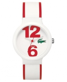 Bold red energizes this Goa sport watch by Lacoste. White silicone strap with red trim and round case. White dial features oversized red numerals at twelve and six o'clock, iconic crocodile logo at three o'clock, white hour and minute hands and red second hand. Quartz movement. Water resistant to 30 meters. Two-year limited warranty.