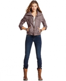 Layer on the cool in this faux-leather bomber from American Rag that features ribbed trims and a shrunken fit. Layer on the cool in this faux-leather bomber from American Rag that features ribbed trims and a shrunken fit.