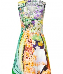 Make a bold statement in this printed Technicolor dress from London-based It designer Mary Katrantzou - V neckline, sleeveless, fitted bodice, full skirt all-over floral print, belt loops, concealed back zip closure - Pair with an oversized cardigan, opaque tights, platform heels, and an embellished clutch Make a bold statement in this printed Technicolor dress from London-based It designer Mary Katrantzou - V neckline, sleeveless, fitted bodice, full skirt all-over floral print, belt loops, concealed back zip closure - Pair with an oversized cardigan, opaque tights, platform heels, and an embellished clutch