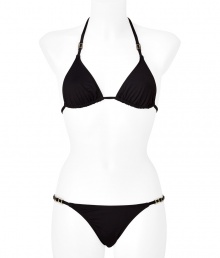Stylish bikini in fine, synthetic fiber blend - Elegant gold tone hardware compliments classic black - Especially comfortable and flattering, thanks to a generous touch of stretch - Triangular halter top with adjustable cups ties at back and nape of neck - String brief sits at hips, offers modest coverage at rear - Sexy and sophisticated, a must for you next vacation or beach getaway - Wear solo or layer beneath a caftan and wedge sandals