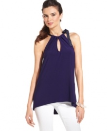 A sultry keyhole neckline and charming ribbon ties add a flirty touch to this slinky sleeveless top from T Tahari. Keep it casual yet sexy by adding a pair of crisp white jeans and stand-out jewelry. A sultry keyhole neckline and charming ribbon ties add a flirty touch to this slinky sleeveless top from T Tahari. Keep it casual yet sexy by adding a pair of crisp white jeans and stand-out jewelry.