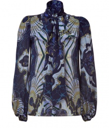 Take a romantic stance on modern elegance in Emilio Puccis characteristic graphic print silk top - Stand-up collar with tie, long sleeves, buttoned cuffs, hidden front button panel - Pair with pencil skirts and pin heels Take a romantic stance on modern elegance in Emilio Puccis characteristic graphic print silk top - Stand-up collar with tie, long sleeves, buttoned cuffs, hidden front button panel - Pair with pencil skirts and pin heels
